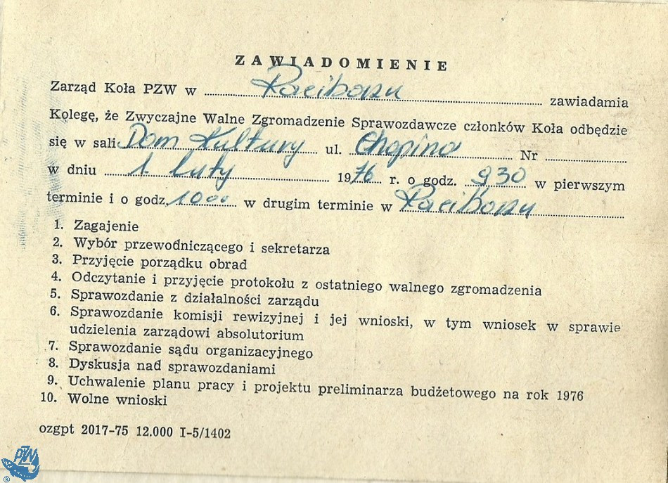 Zawiadomienie o Walnym Zebraniu członków Koła w dniu 1 lutego 1976 r.br /iautor: Archiwum Koła PZW Nr 45 Racibórz-Miasto/i