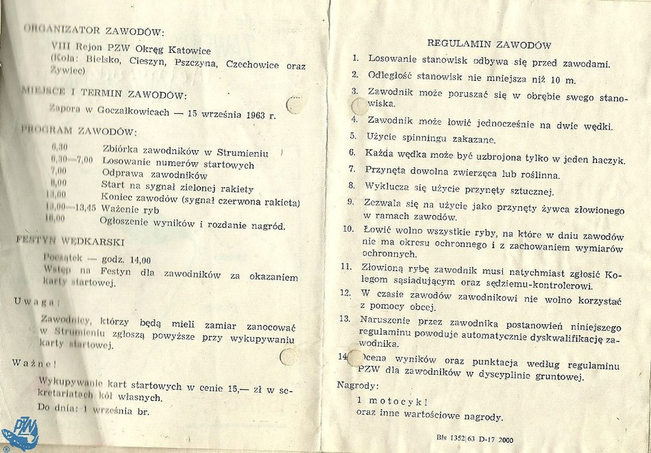 Regulamin Drugich Zawodów Wędkarskich Rejonu VIII PZW – 15.09.1963 r., strona 2 i 3.br /iautor: Archiwum Koła PZW Nr 45 Racibórz-Miasto/i