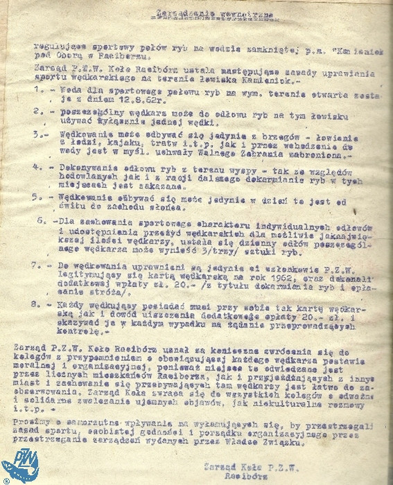Regulamin łowiska „Kamieniok” pod Oborą w Raciborzu, z dnia 12 sierpnia 1962 r., wydany przez Zarząd Koła PZW Racibórz.br /iautor: Archiwum Koła PZW Nr 45 Racibórz-Miasto/i